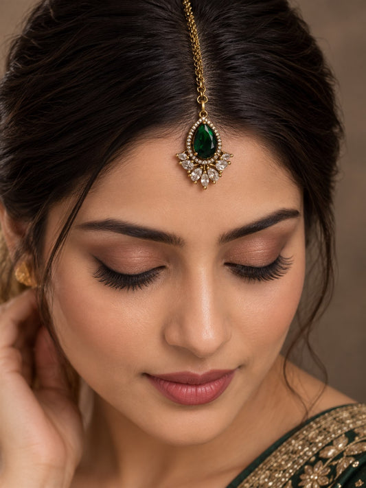 Antique Gold Plated Green Maang Tikka for Women