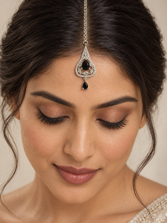 Silver Plated Black AD Maang Tikka for Women