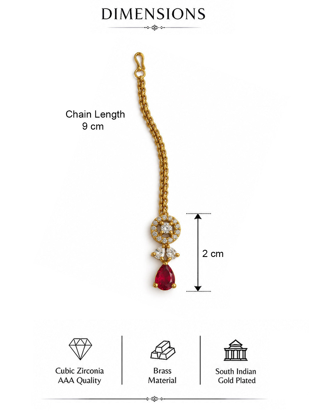 South Indian Gold Plated Red AD Maang Tikka for Women