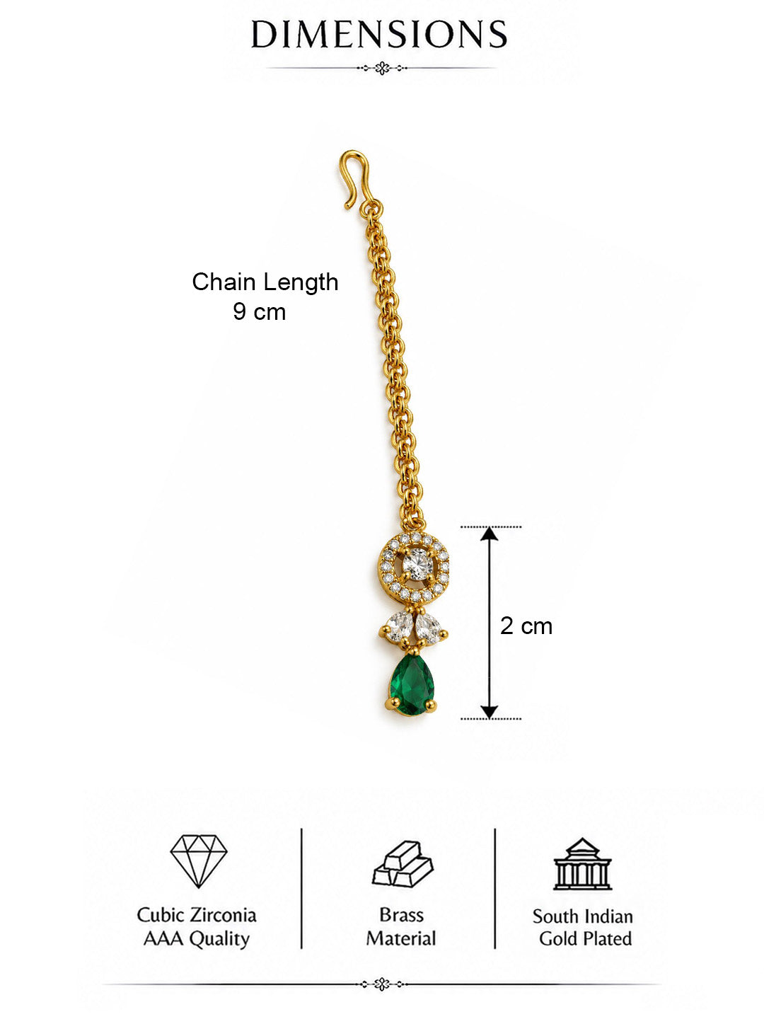 South Indian Gold Plated Green AD Maang Tikka for Women