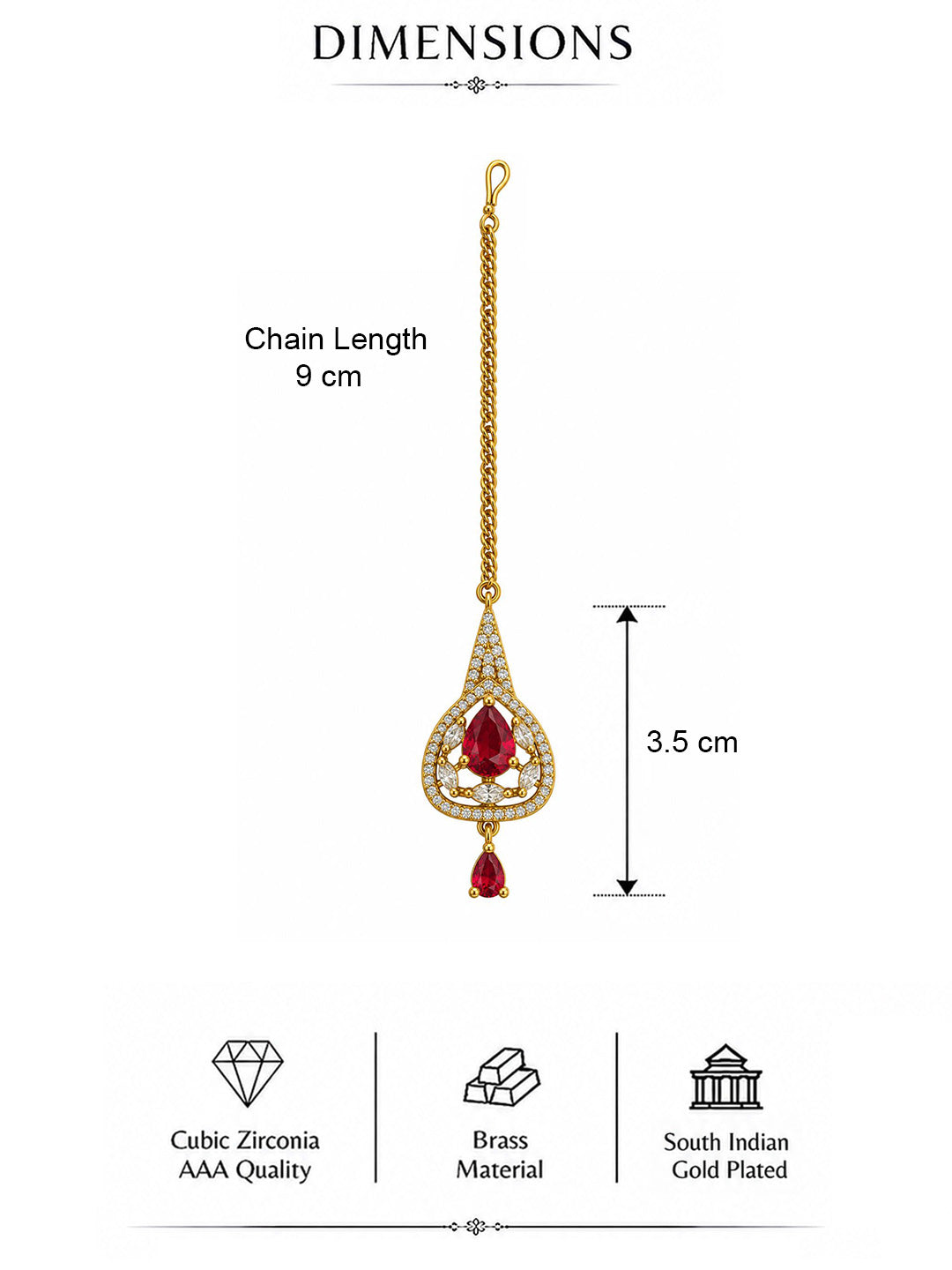 South Indian Gold Plated Red AD Maang Tikka for Women