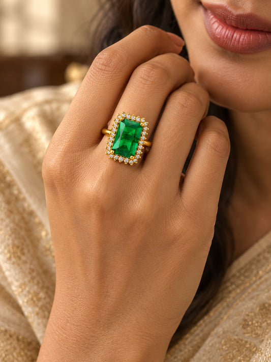 South Indian Gold Plated Green AD Finger Ring for Women