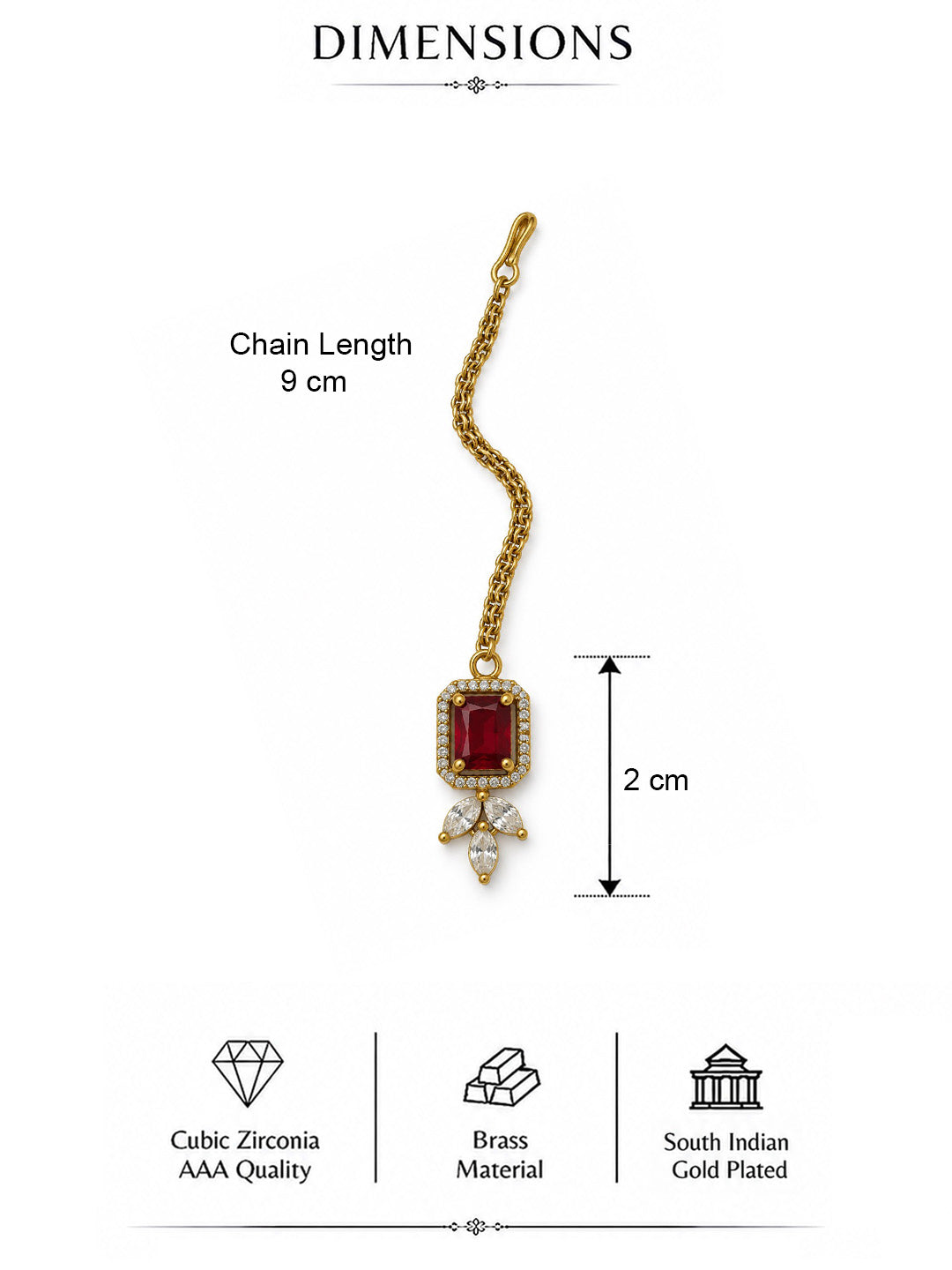 South Indian Gold Plated Red AD Maang Tikka for Women