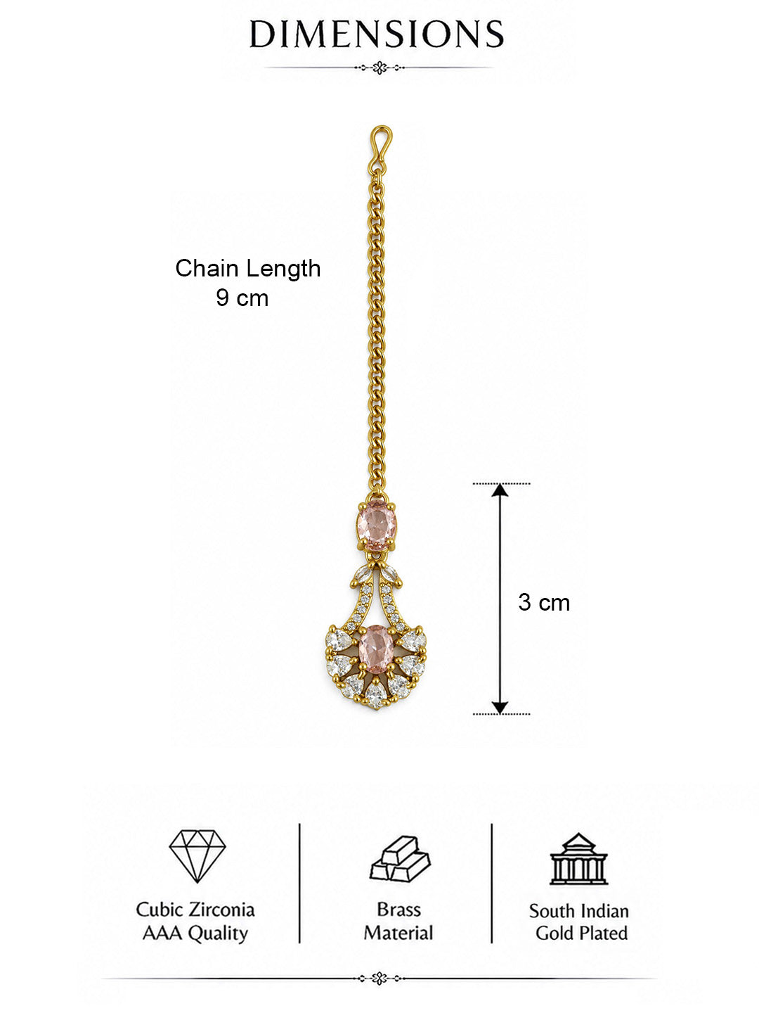 South Indian Gold Plated Pink AD Maang Tikka for Women