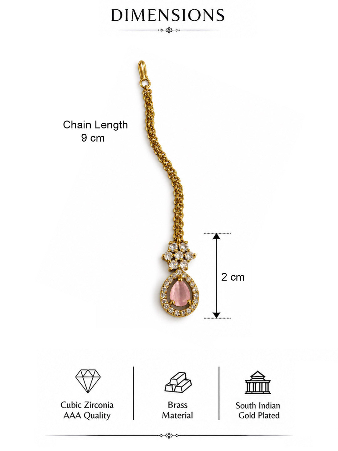 South Indian Gold Plated Pink AD Maang Tikka for Women