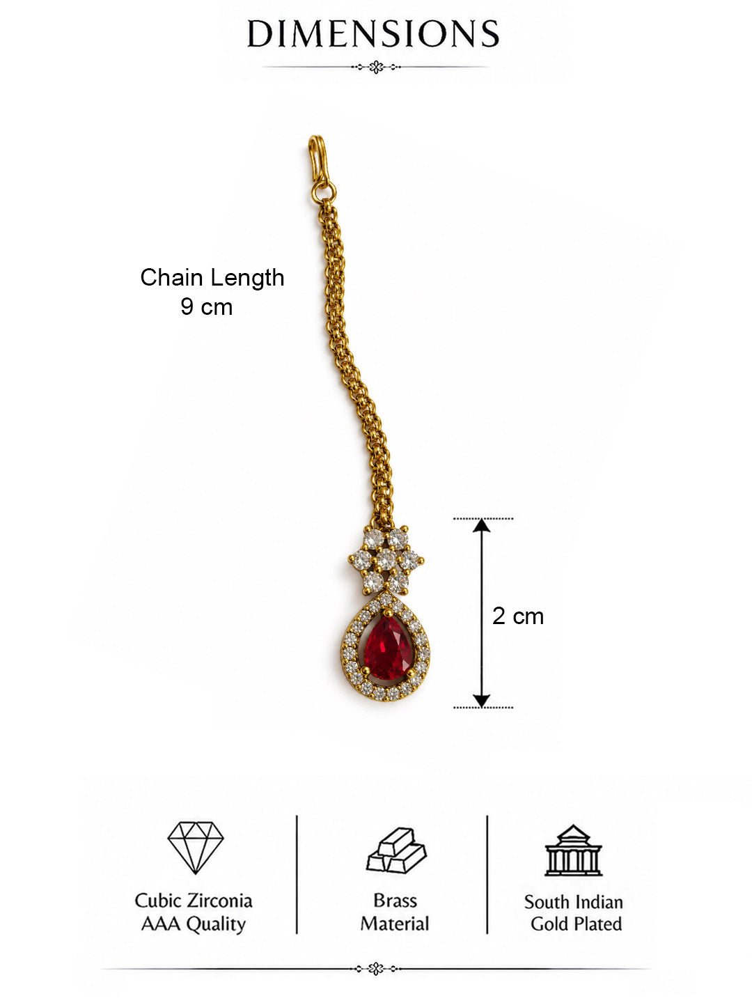 South Indian Gold Plated Red AD Maang Tikka for Women