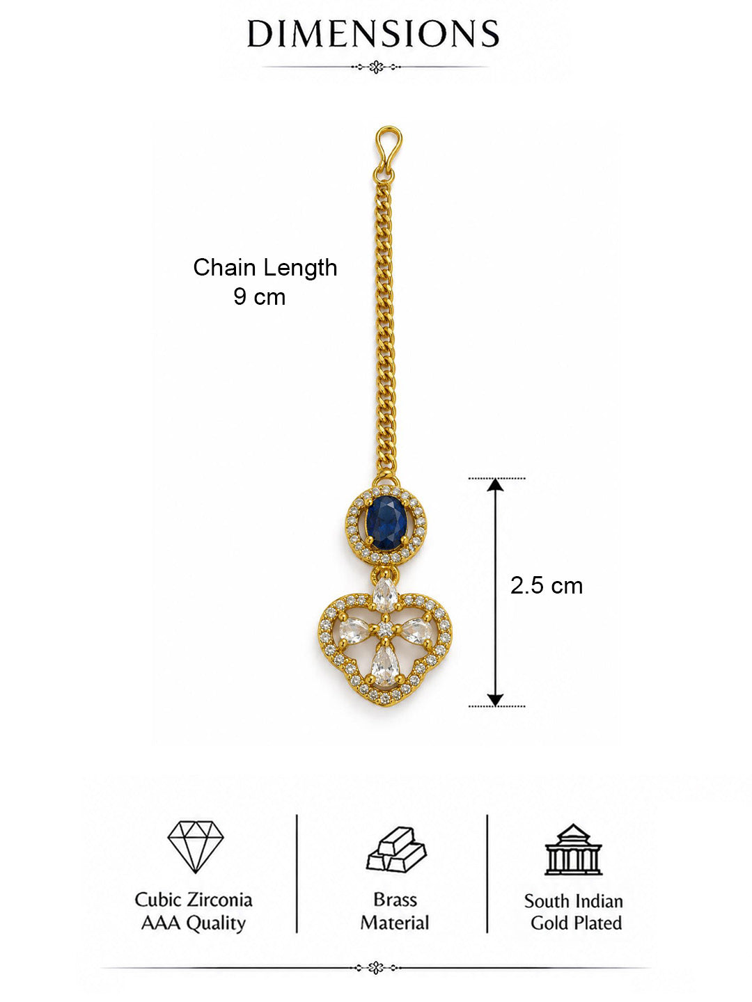 South Indian Gold Plated Blue AD Maang Tikka for Women