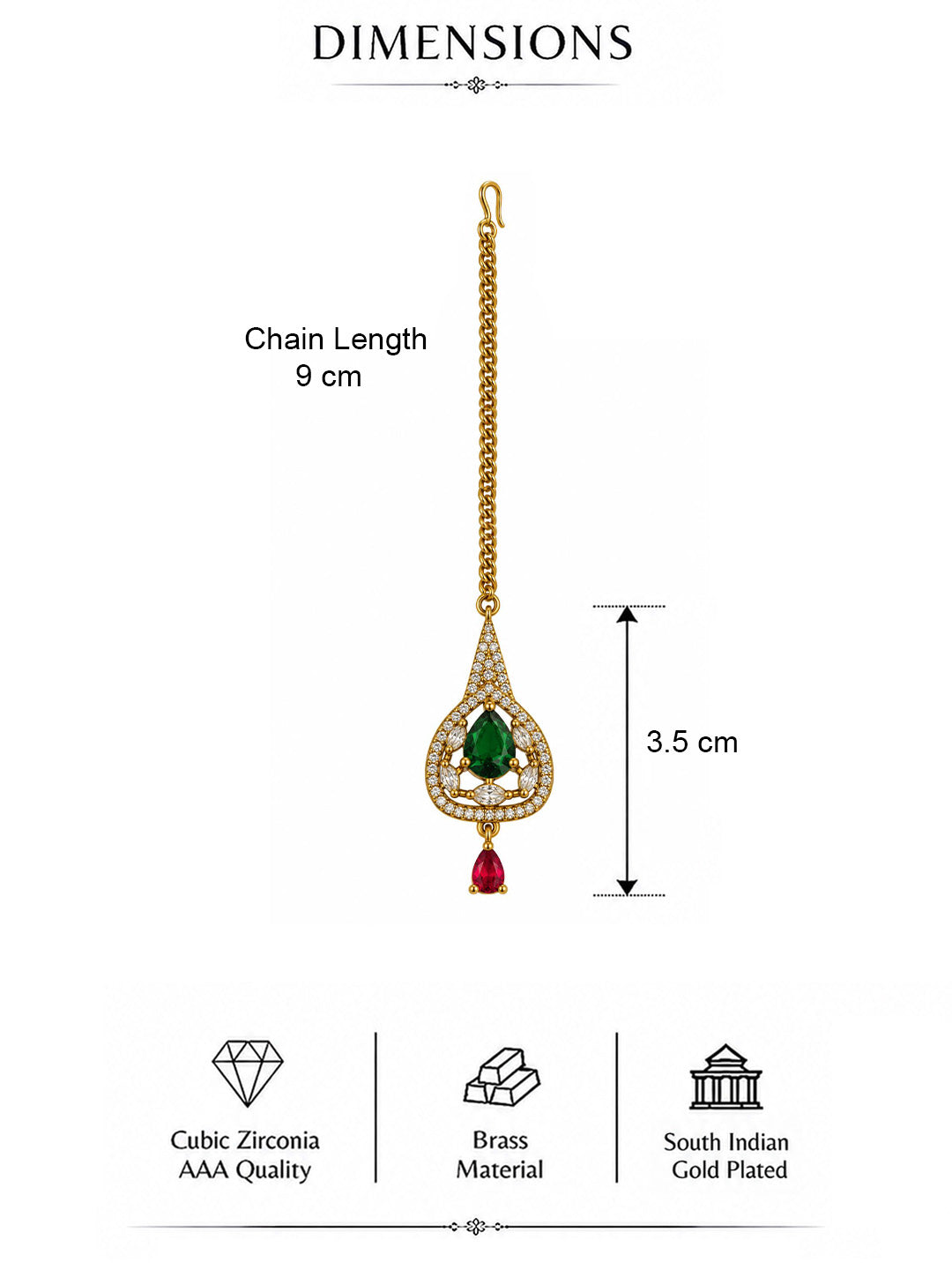 South Indian Gold Plated Green AD Maang Tikka for Women
