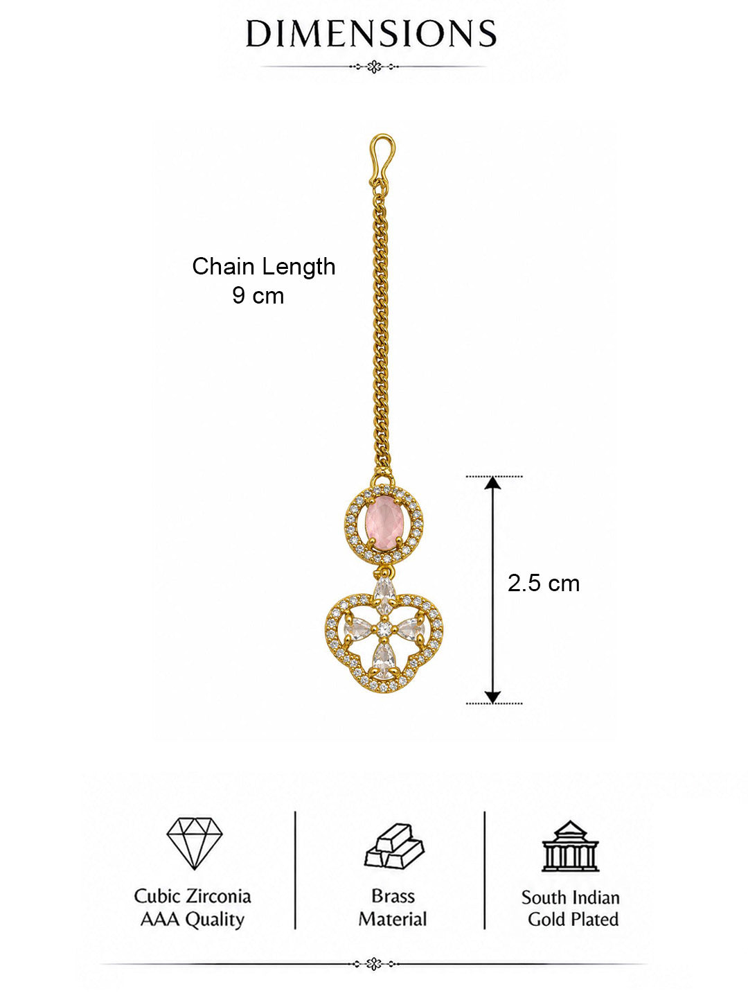 South Indian Gold Plated Pink AD Maang Tikka for Women