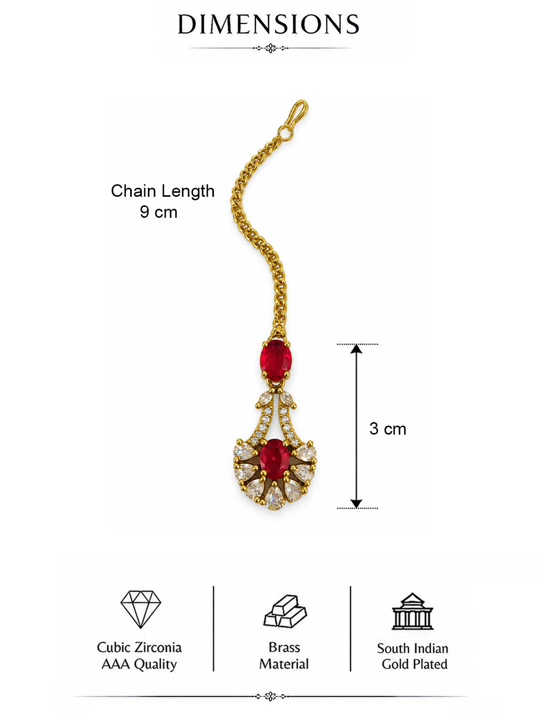 South Indian Gold Plated Red AD Maang Tikka for Women