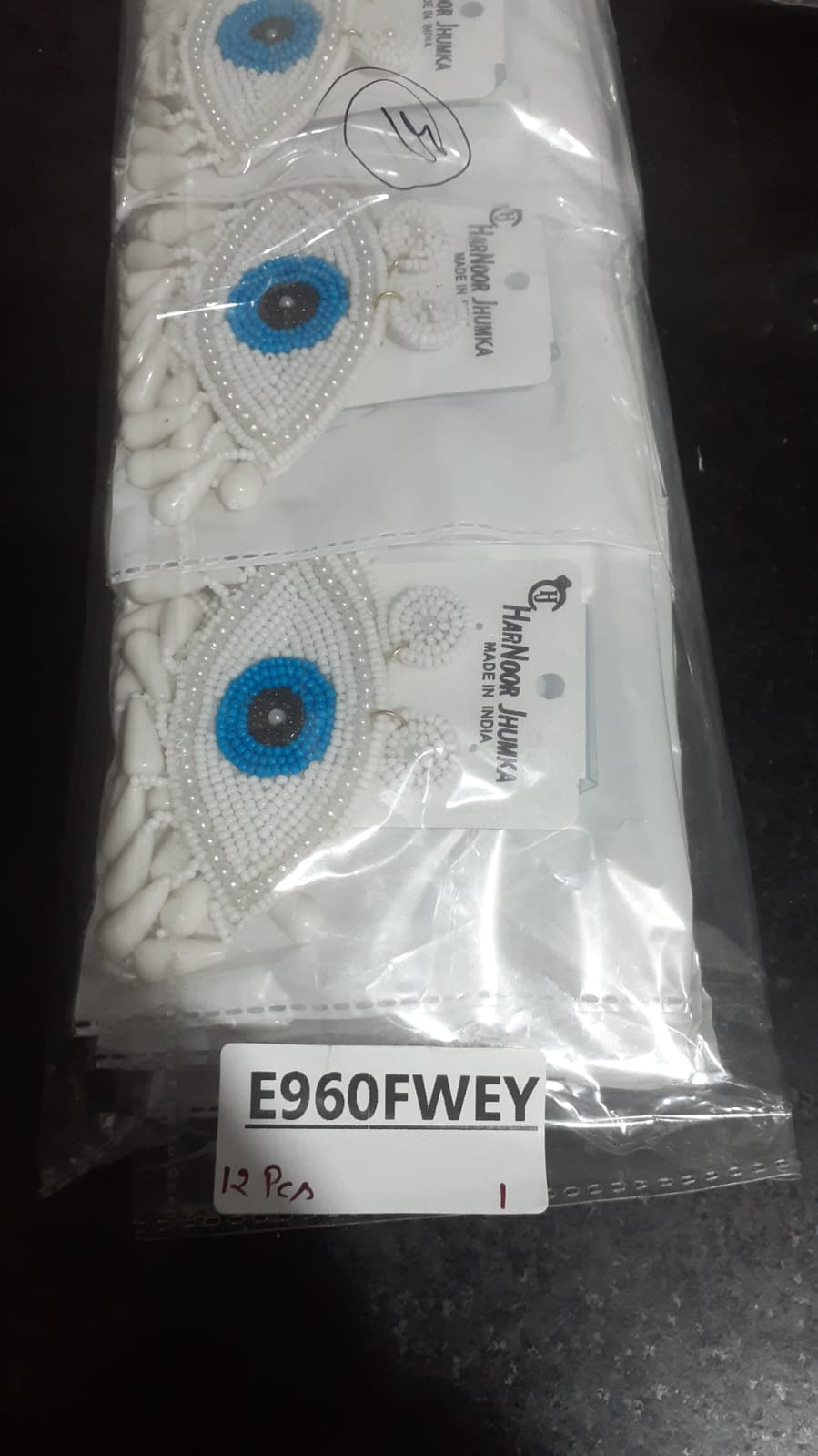 Evil Eye White, Blue & Back Beaded Drop Quirky Earrings