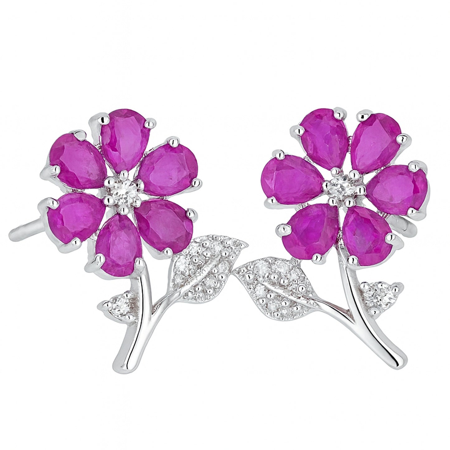 Silver Plated Ruby AD Floral Stud Earrings for Women