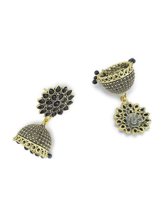 Gold Plated Black Artificial Stones Studded Jhumka Earrings