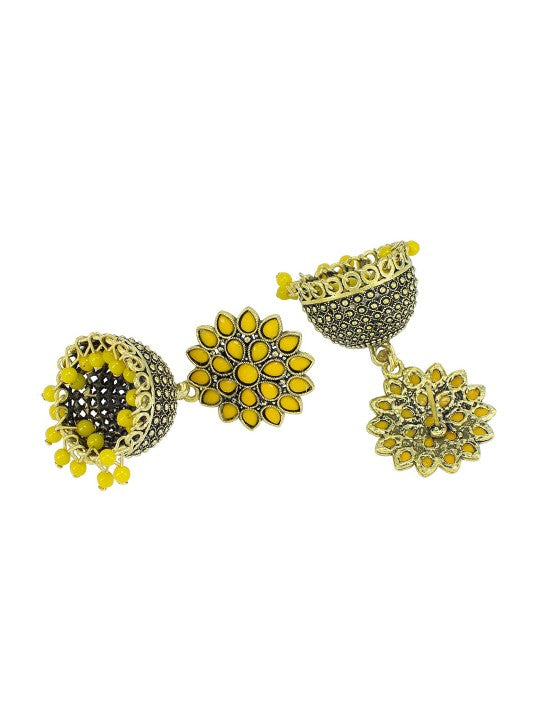 Gold Plated Yellow Artificial Stones Studded Jhumka Earrings