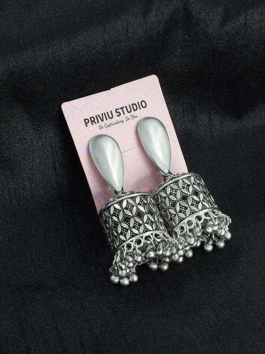Silver Plated Dome Shaped Oxidised Jhumkas