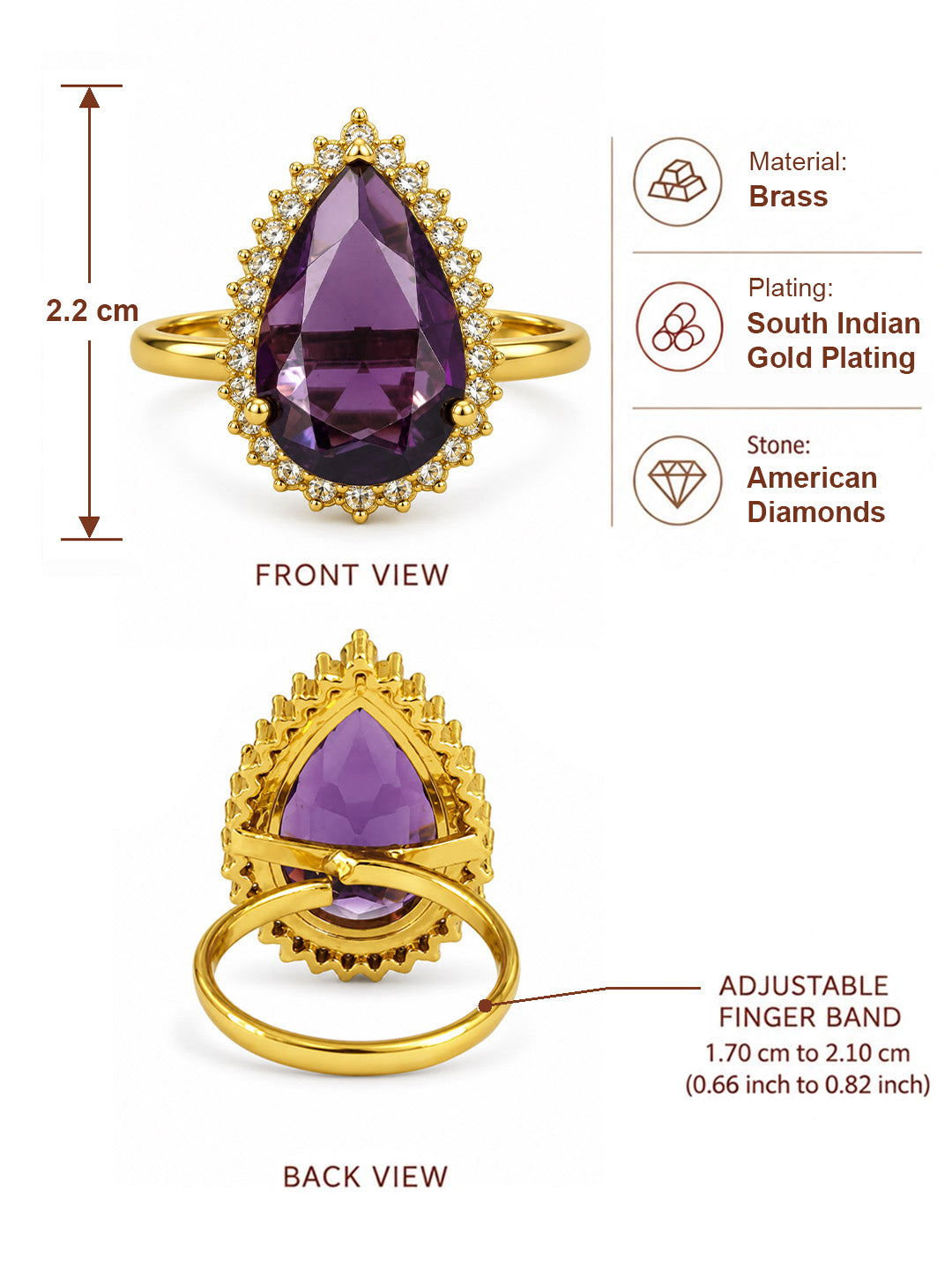 South Indian Gold Plated Purple AD Finger Ring for Women