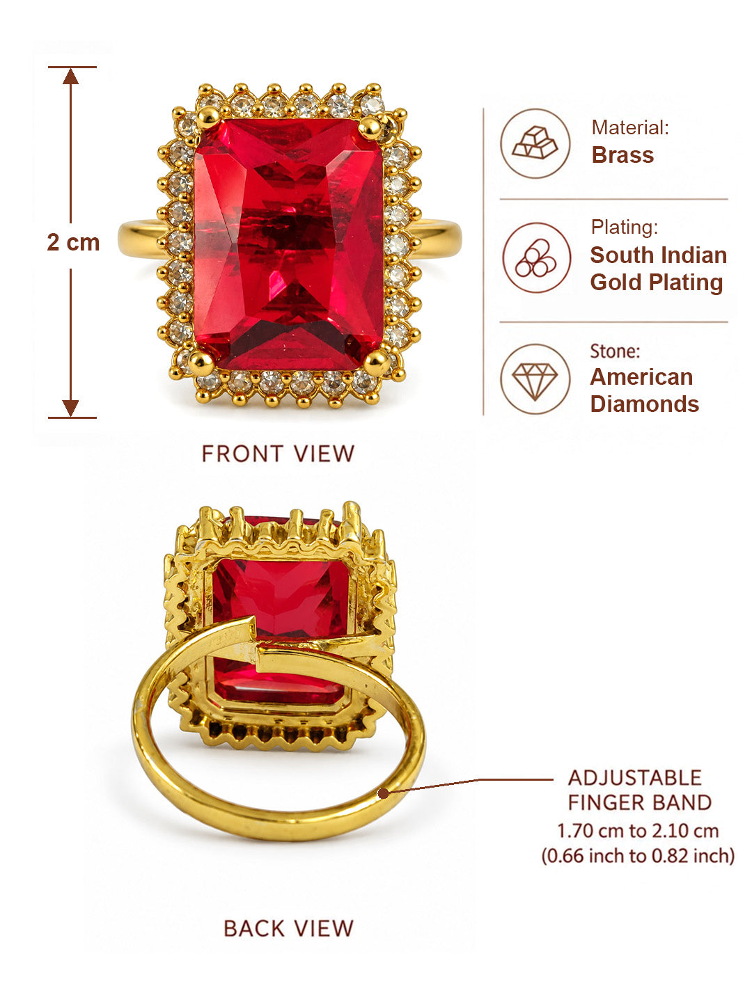 South Indian Gold Plated Red AD Finger Ring for Women