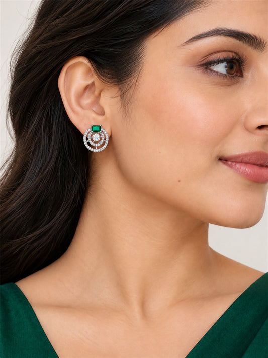 Green Stone Double Halo Stud Earrings, silver plated, model close-up
