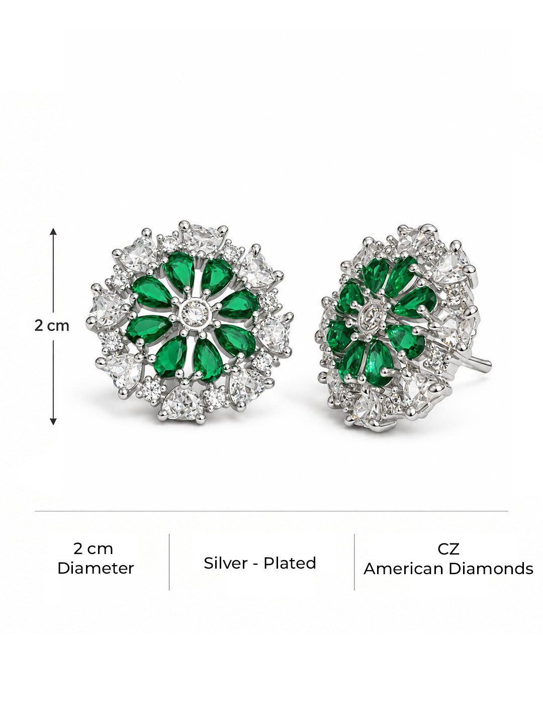 Green heart-petal flower silver-plated stud earrings