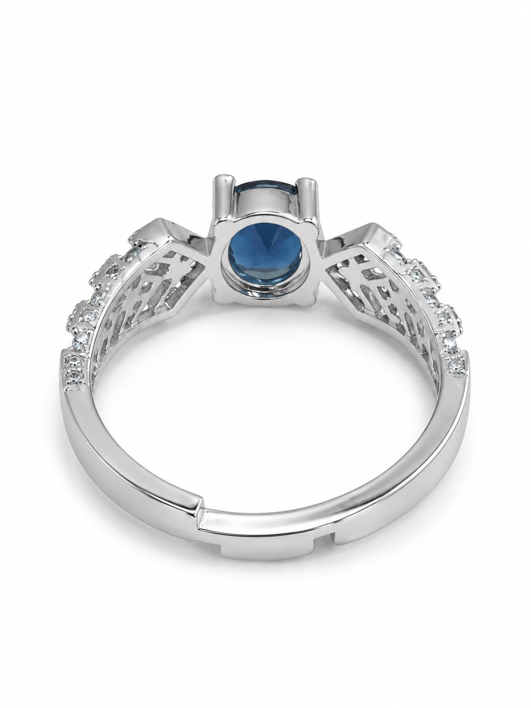 Blue Oval Center Stone Geometric Shoulder Ring - Silver Plated
