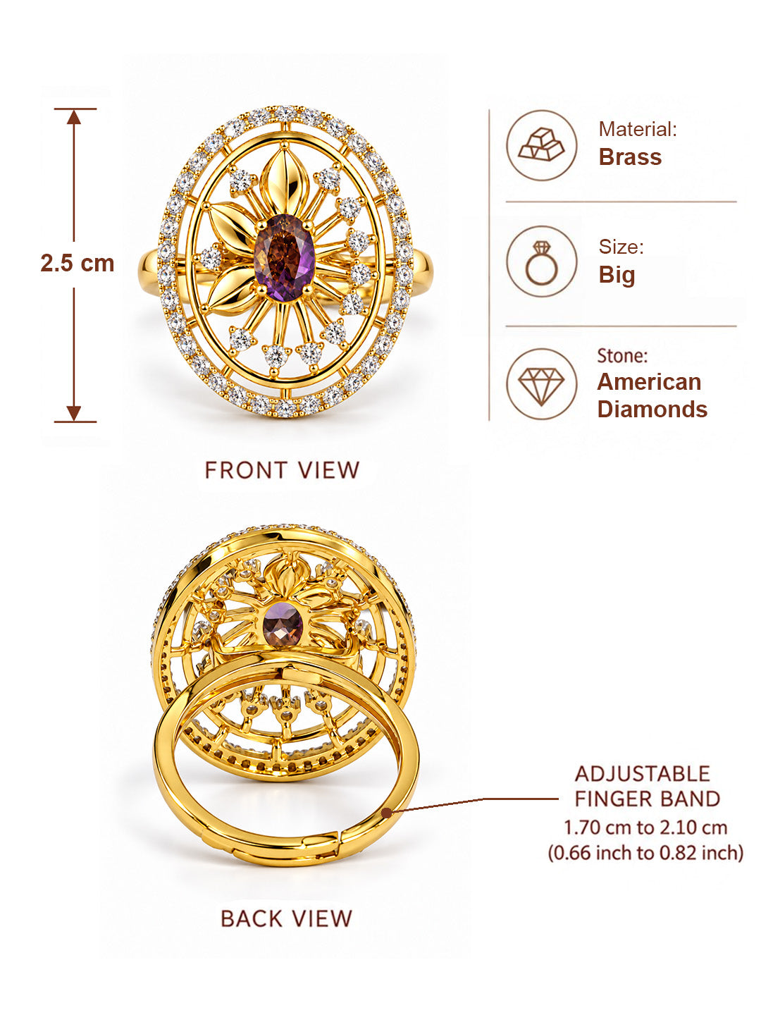 Purple Center Stone Oval Sunburst Ring - Gold Plated