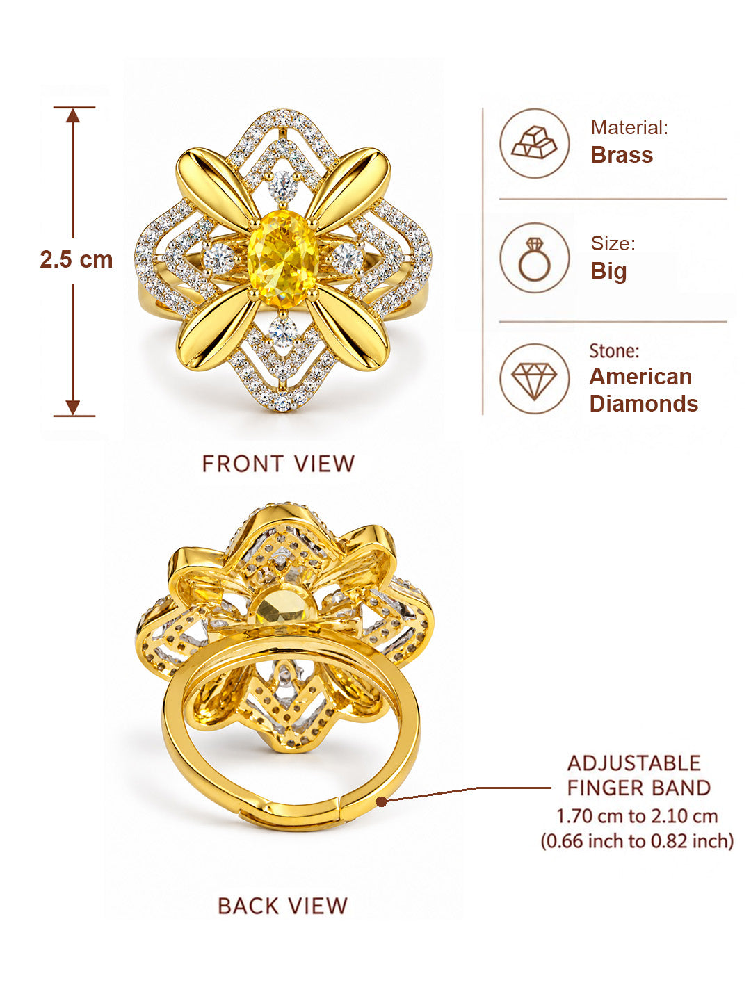 Yellow Center Stone Four-Petal Floral Ring - Gold Plated