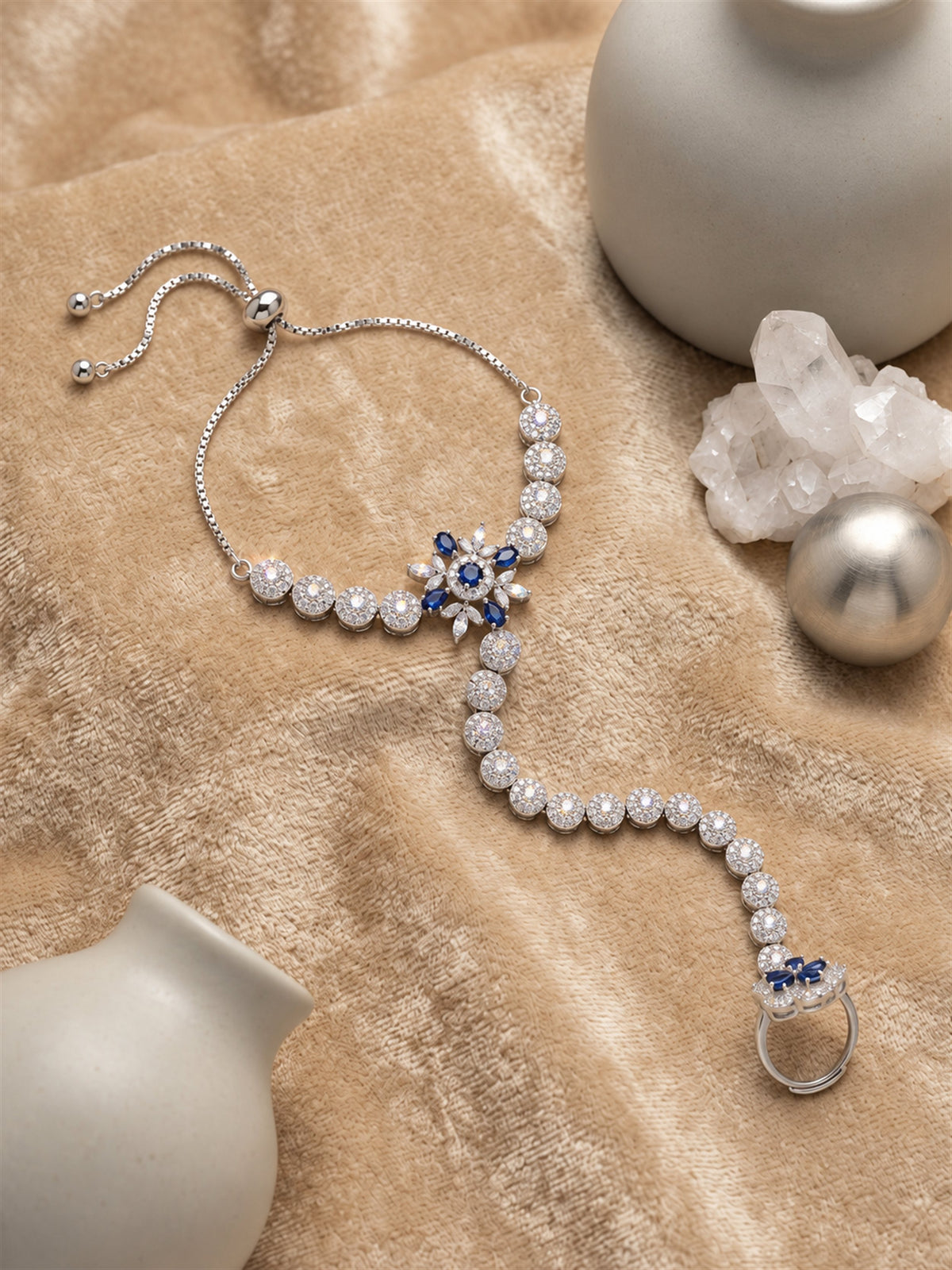 Blue silver-plated floral round-stone chain hathphool
