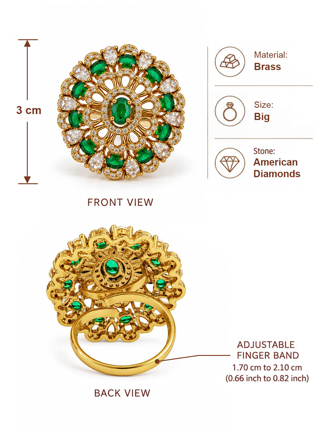 Green Stone Ornate Floral Cluster Ring - Gold Plated, additional view 6