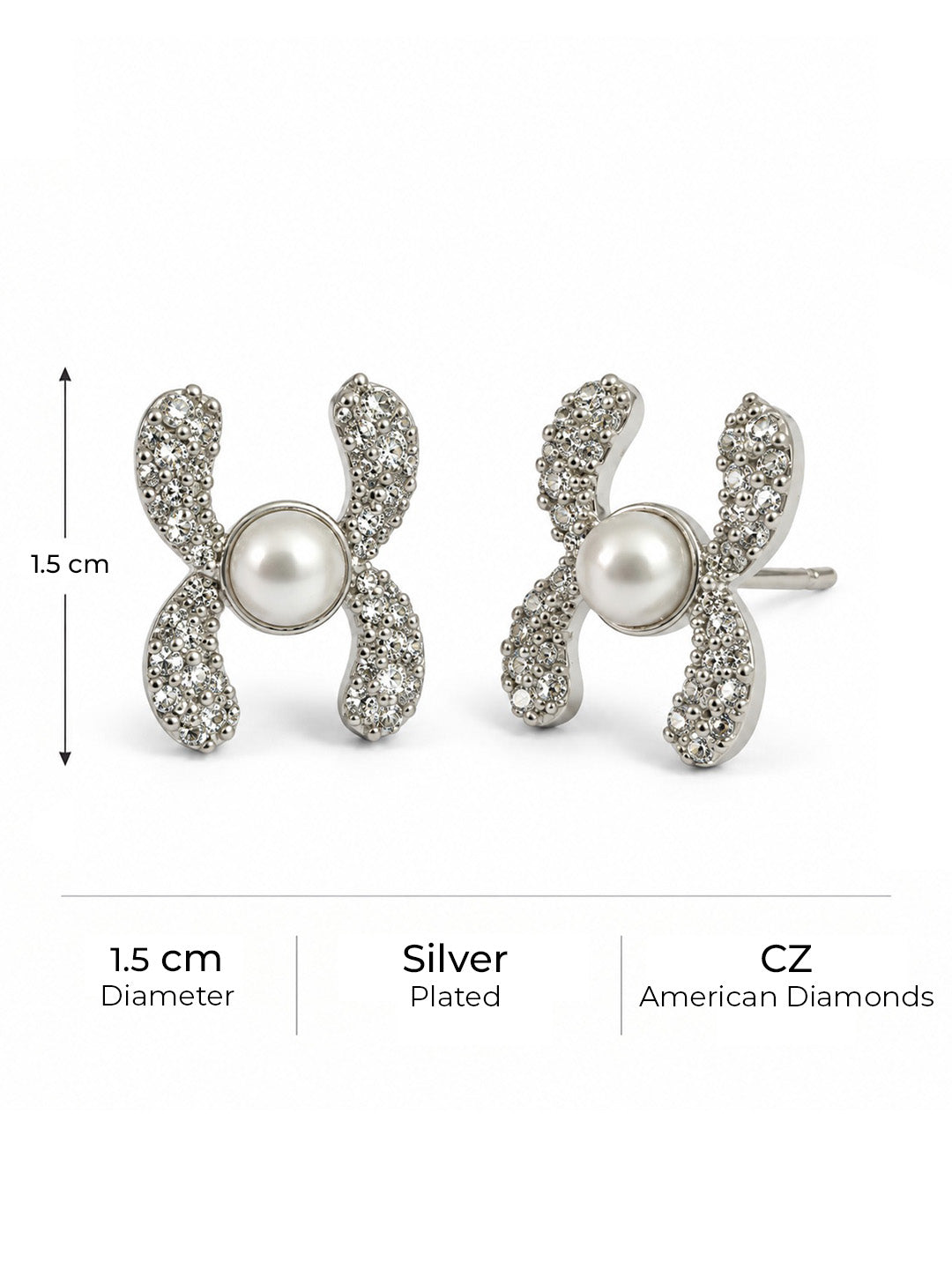 White Pearl-Effect Four Petal Stud Earrings, silver plated, size and plating details
