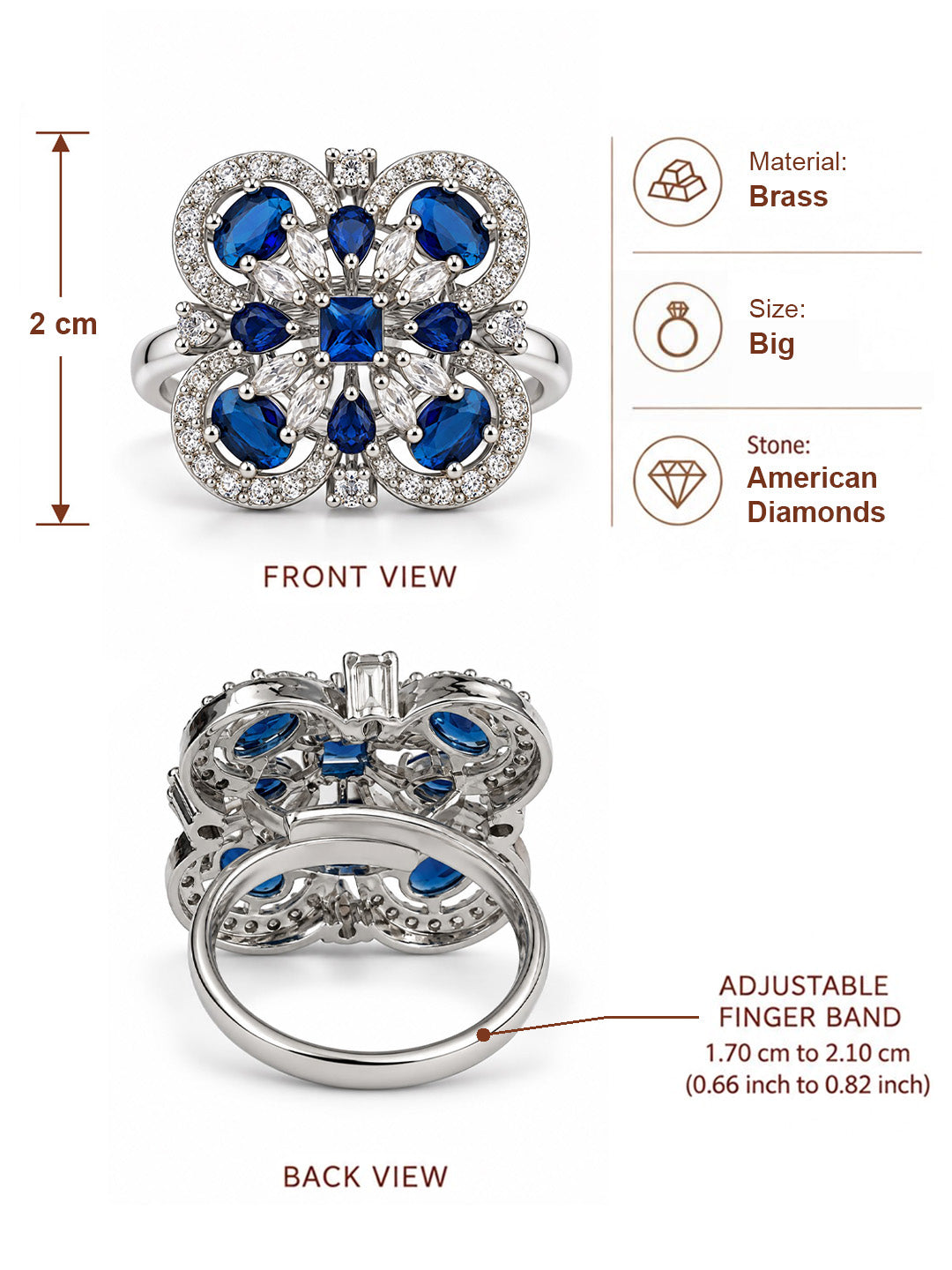 Blue Square Center Quatrefoil Ring - Silver Plated - alternate view