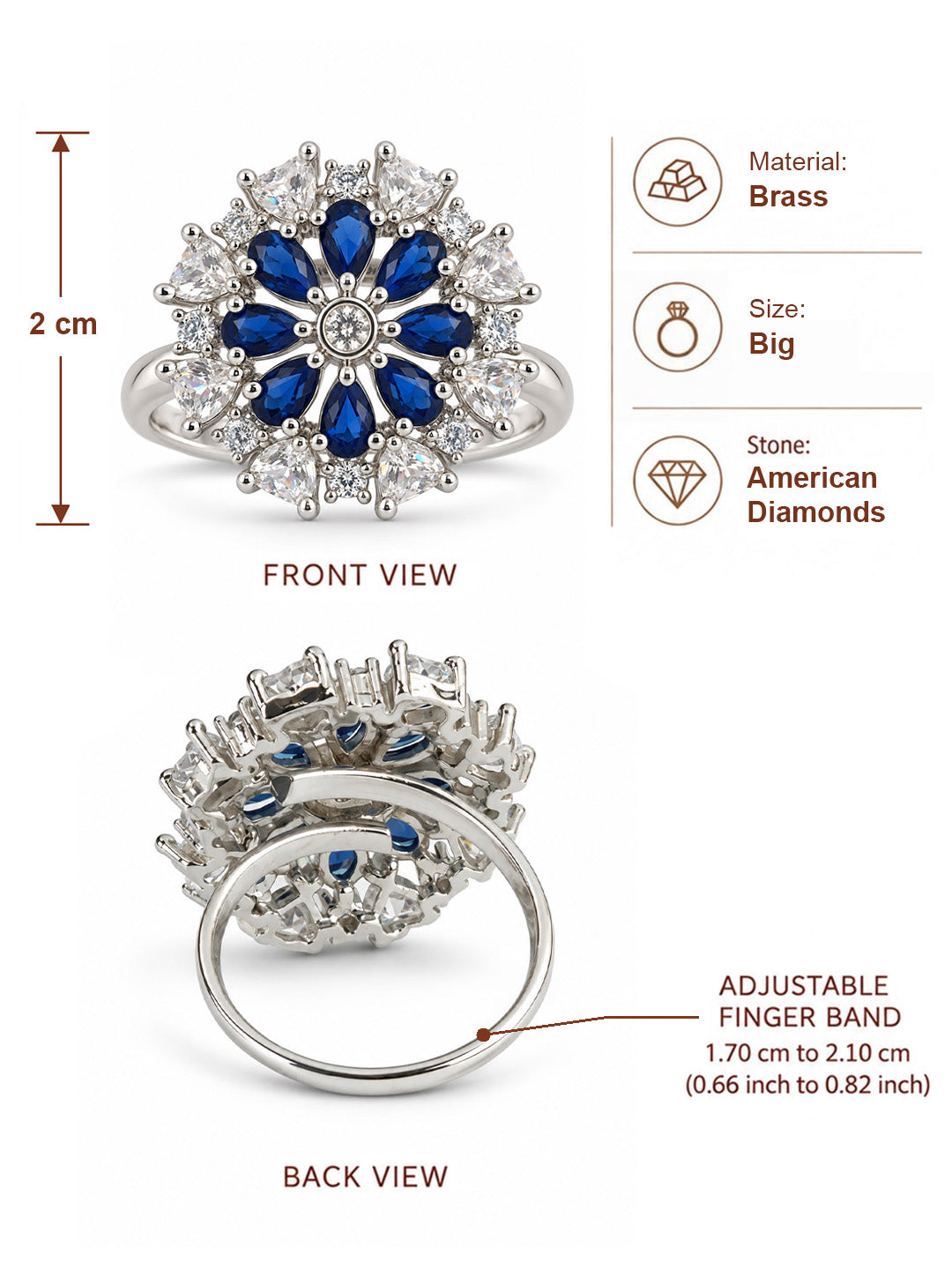 Blue Petal Halo Flower Ring - Silver Plated - alternate view