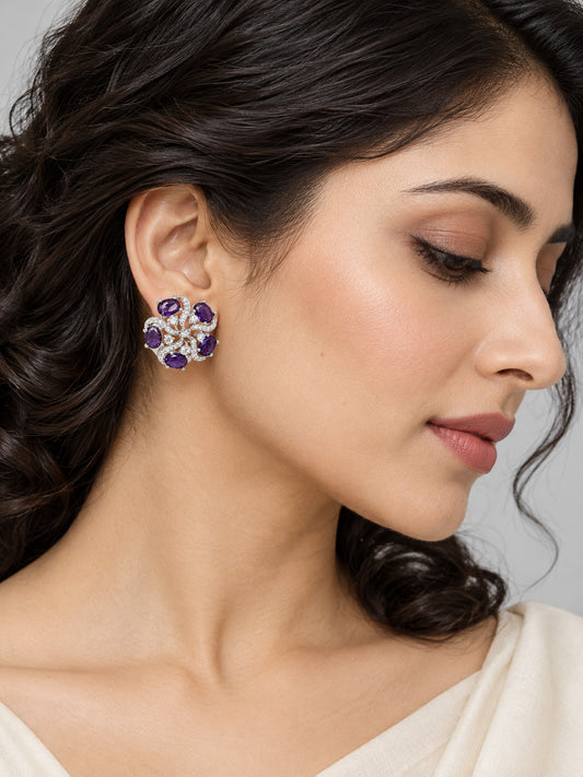 Purple Oval Stone Floral Stud Earrings in silver plating worn by a model, close-up