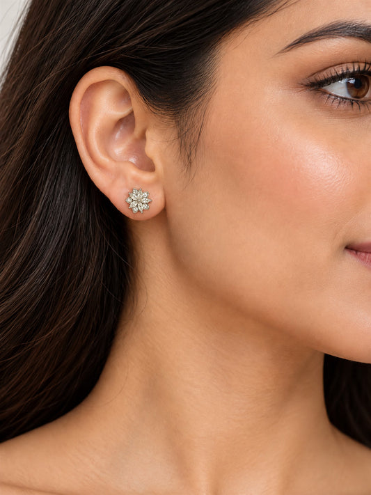 Clear Marquise Floral Cluster Stud Earrings, silver plated, model close-up