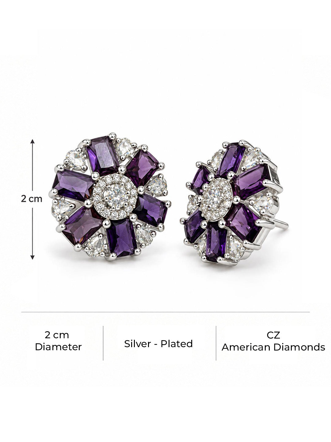 Purple round flower silver-plated stud earrings