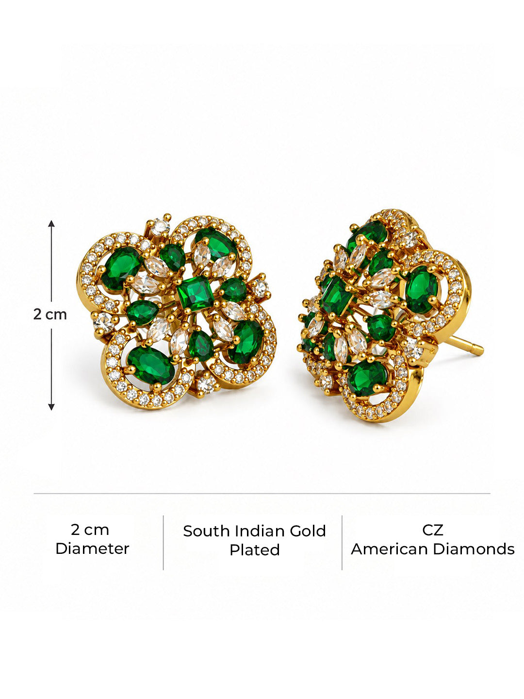 Green Four Petal Oval Stone Stud Earrings - Gold Plated