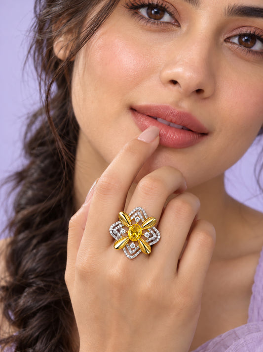 Yellow Center Stone Four-Petal Floral Ring - Gold Plated - model close-up