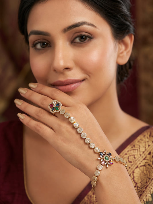 Multicolor Floral Round-Stone Chain Hathphool - Mehndi Plated worn on hand