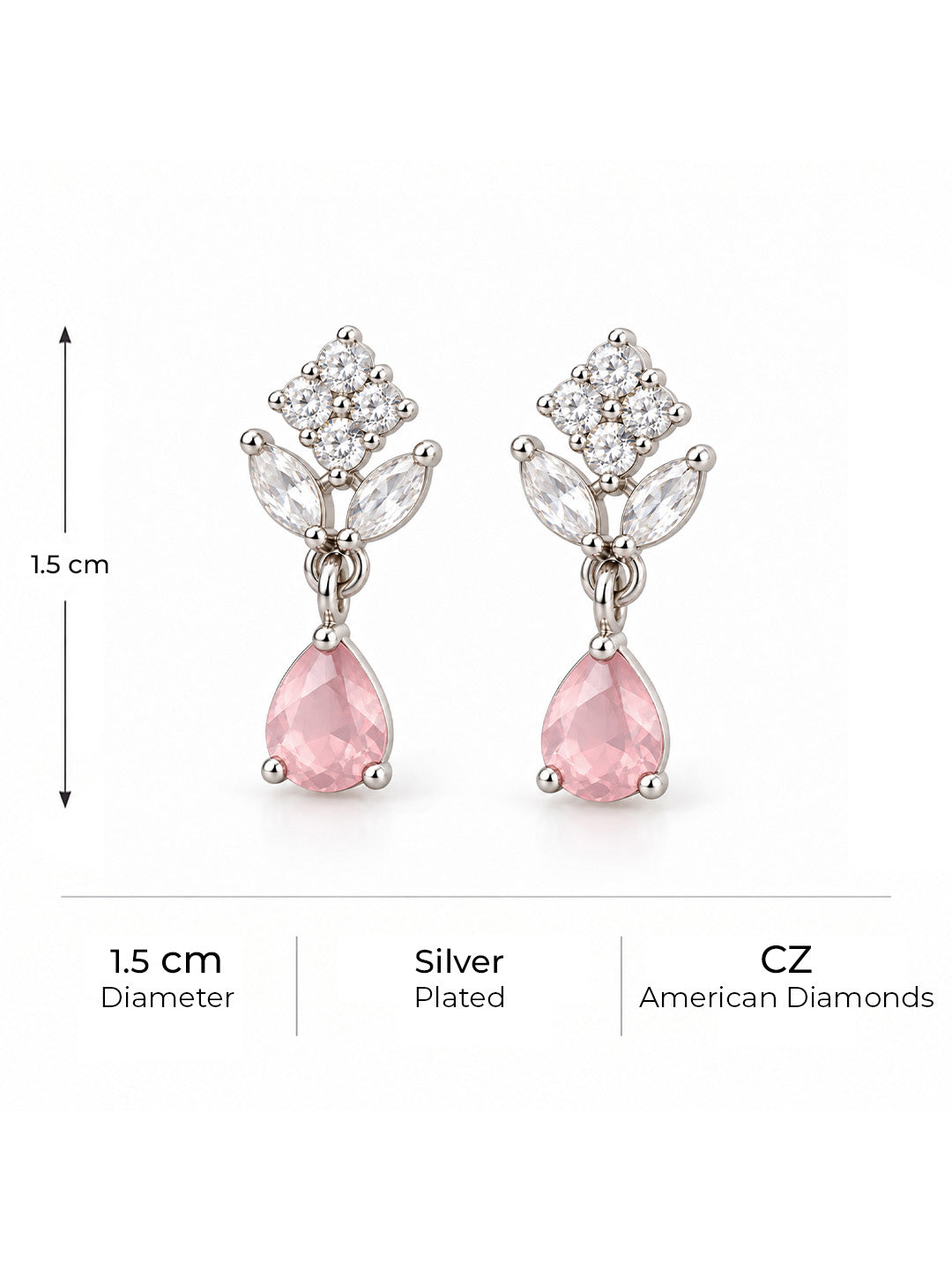 Pink Teardrop Floral Drop Earrings - Silver Plated, additional view 5