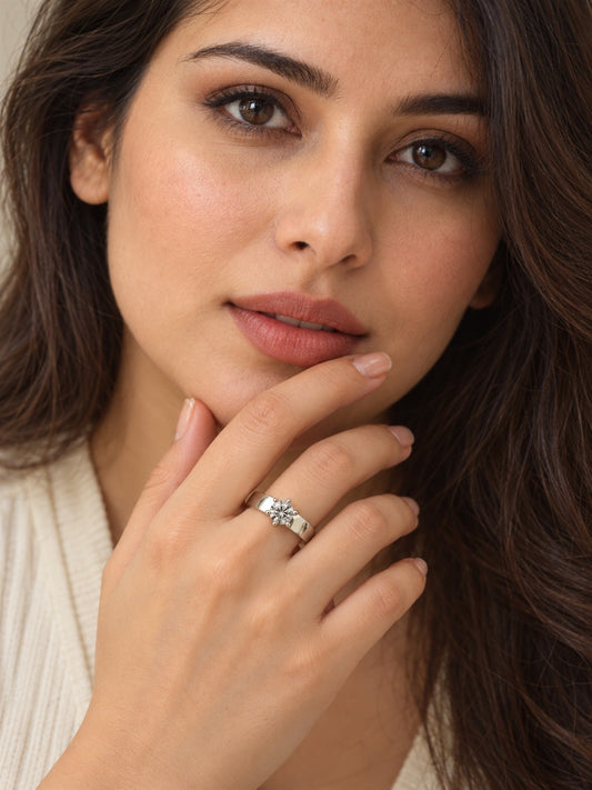 Clear Round Solitaire Curved Band Ring - Silver Plated, model close-up