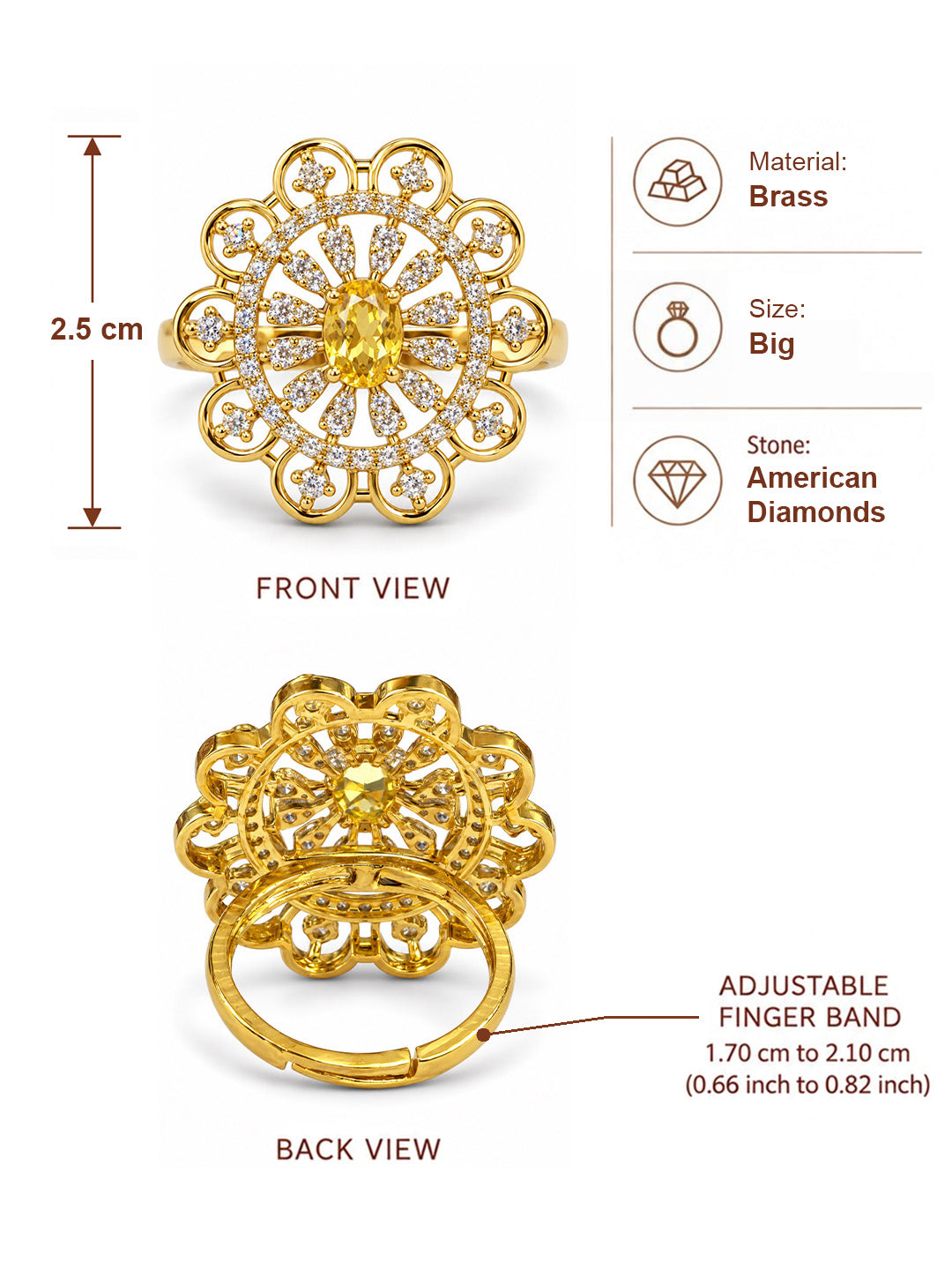 Yellow Center Stone Scalloped Floral Halo Ring - Gold Plated