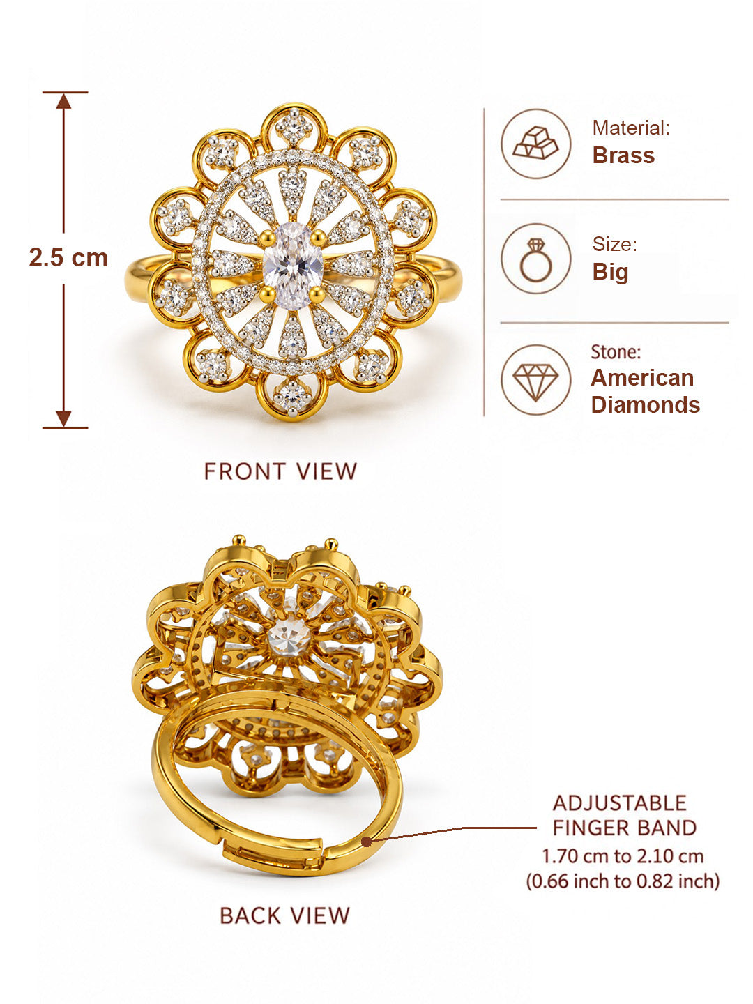 Clear Stone Scalloped Sunburst Ring - Gold Plated, additional view 6