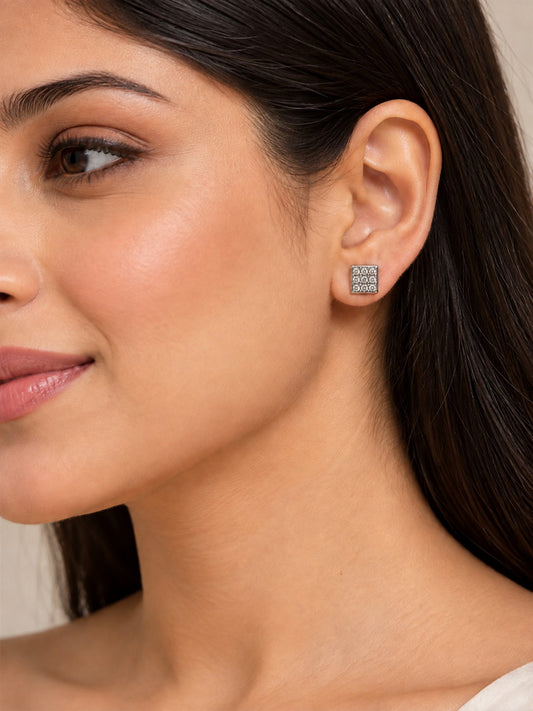 Clear Pave Square Stud Earrings, silver plated, model close-up