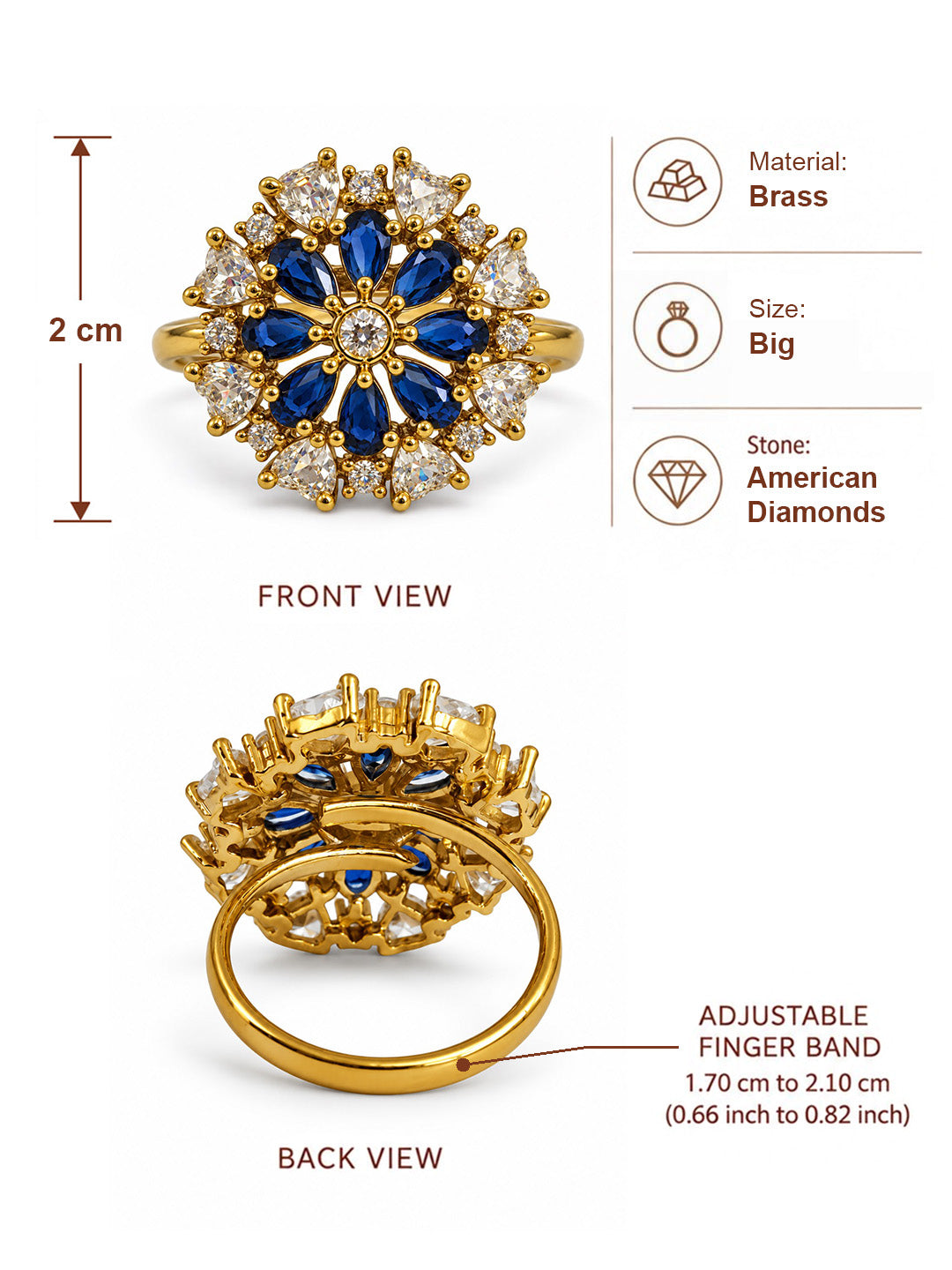 Blue Stone Teardrop Floral Cluster Ring - Gold Plated, additional view 6
