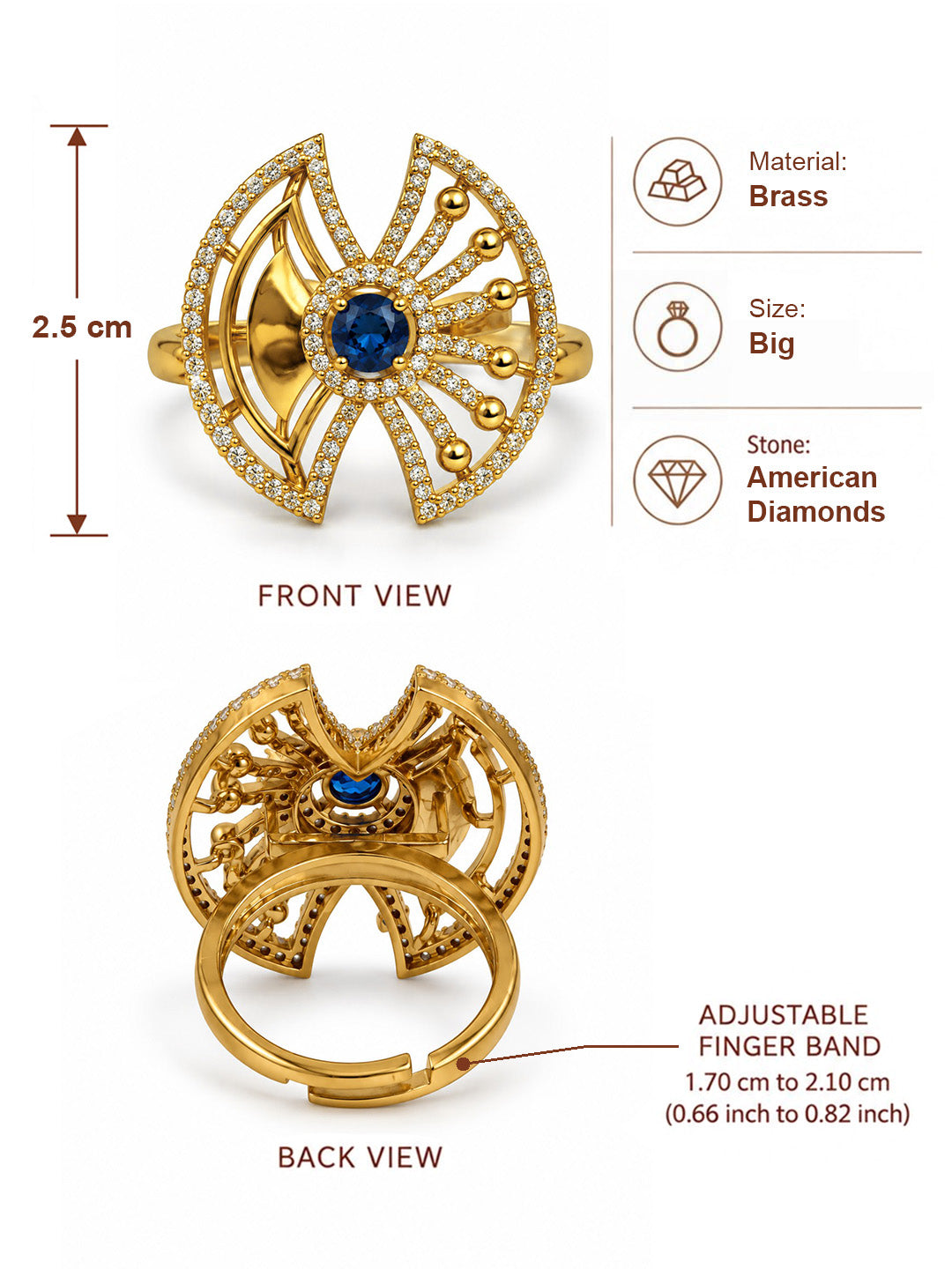 Blue Stone Openwork Fan Ring - Gold Plated, additional view 6