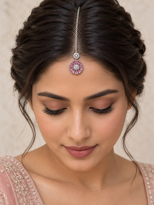 Light Pink Teardrop Floral Maang Tikka - Silver Plated, model close-up