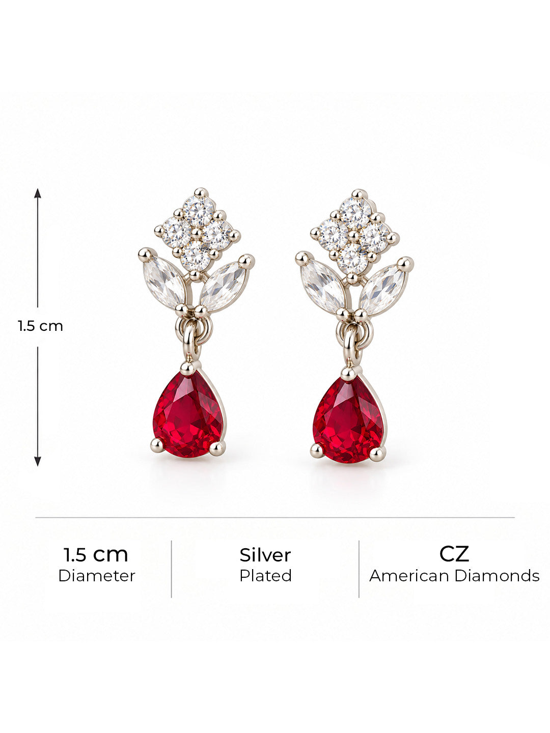 Red Teardrop Floral Drop Earrings - Silver Plated, additional view 5