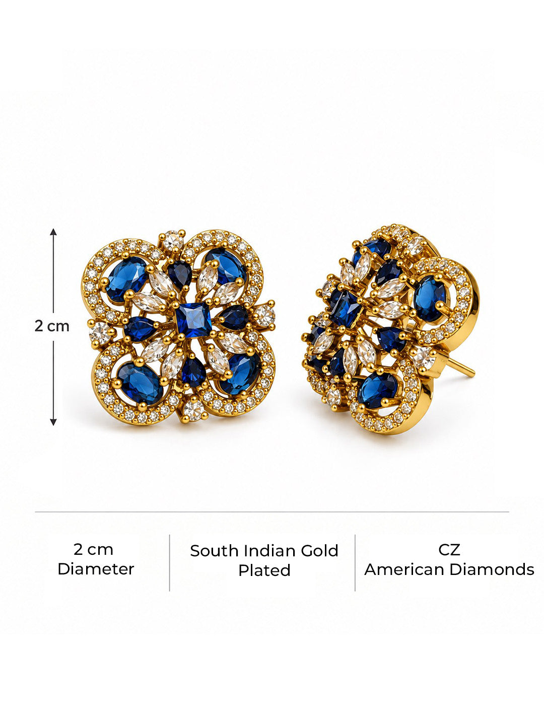 Blue Four Petal Oval Stone Stud Earrings - Gold Plated