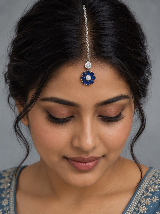 Blue Teardrop Floral Maang Tikka - Silver Plated, model close-up