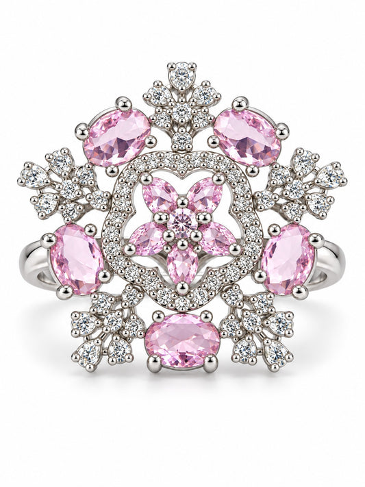 Pink Stone Ornate Floral Ring - Silver Plated - alternate view