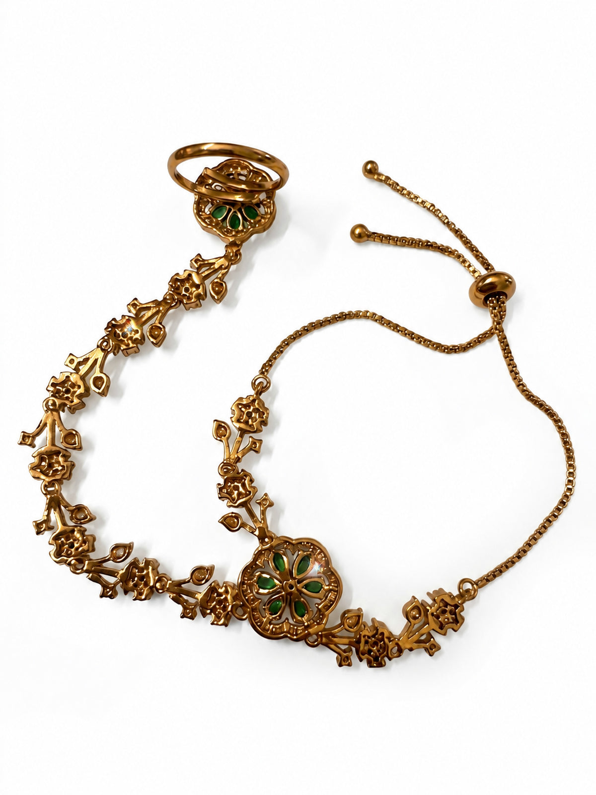 Green Floral Marquise-Stone Chain Hathphool - Mehndi Plated